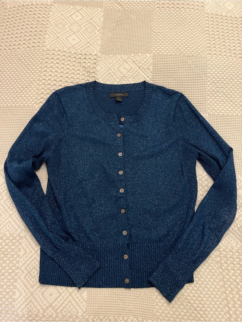 Express Navy Blue Shimmer Button-Up Cardigan size L